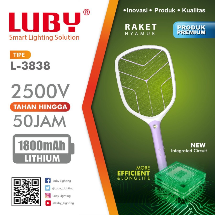 Raket Nyamuk Cas Luby 3838 Batre 1800 mAh Bisa Diganti + Kabel Chager