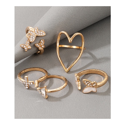 LRC Cincin Set Fashion Golden Suit Oil Drop Diamond Love Heart Cross Butterfly Open Ring V81353