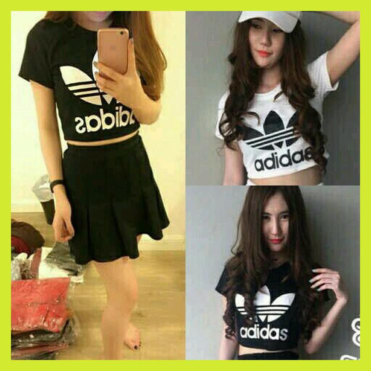 BAJU KAOS CROP TOP WANITA ADIDAS HITAM/ PUTIH FINNA MURAH - PUTIH