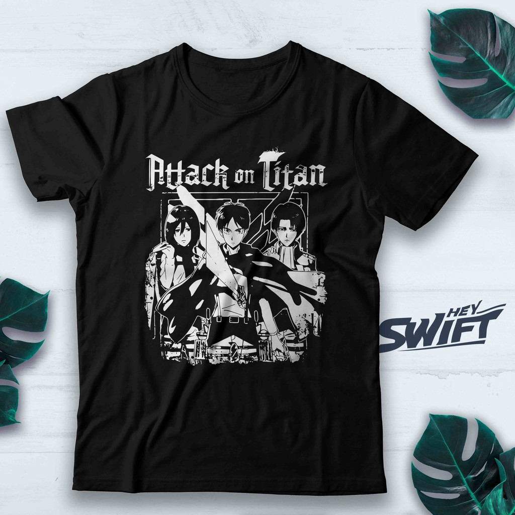 KAOS TRIO MIKASA EREN LEVI ANIME ATTACK ON TITAN T-SHIRT BAJU DISTRO
