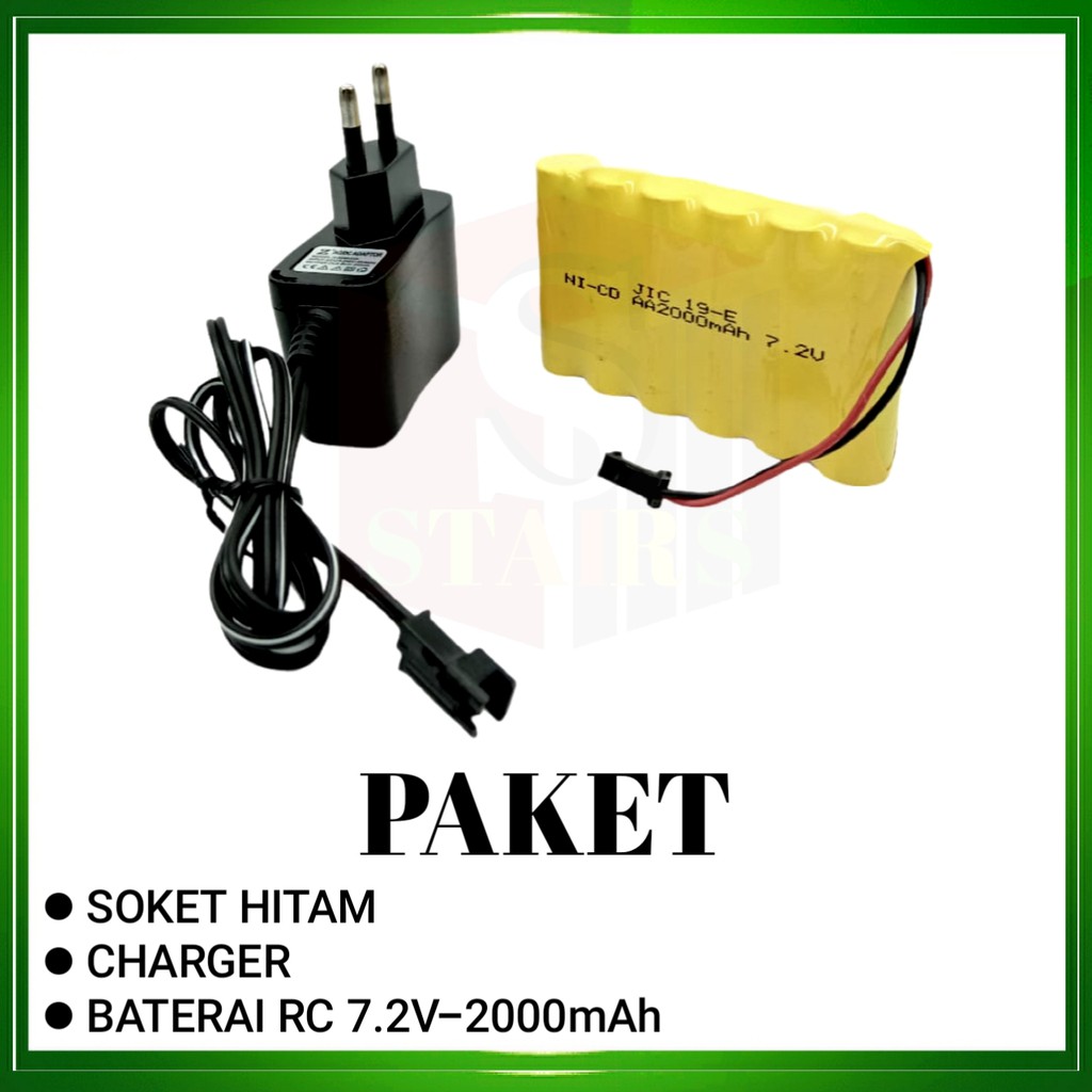 Paket Charger Adaptor + Baterai Mobil Remot/RC 6AA Ni-Cd 7.2v - 2000mAh Socket Hitam