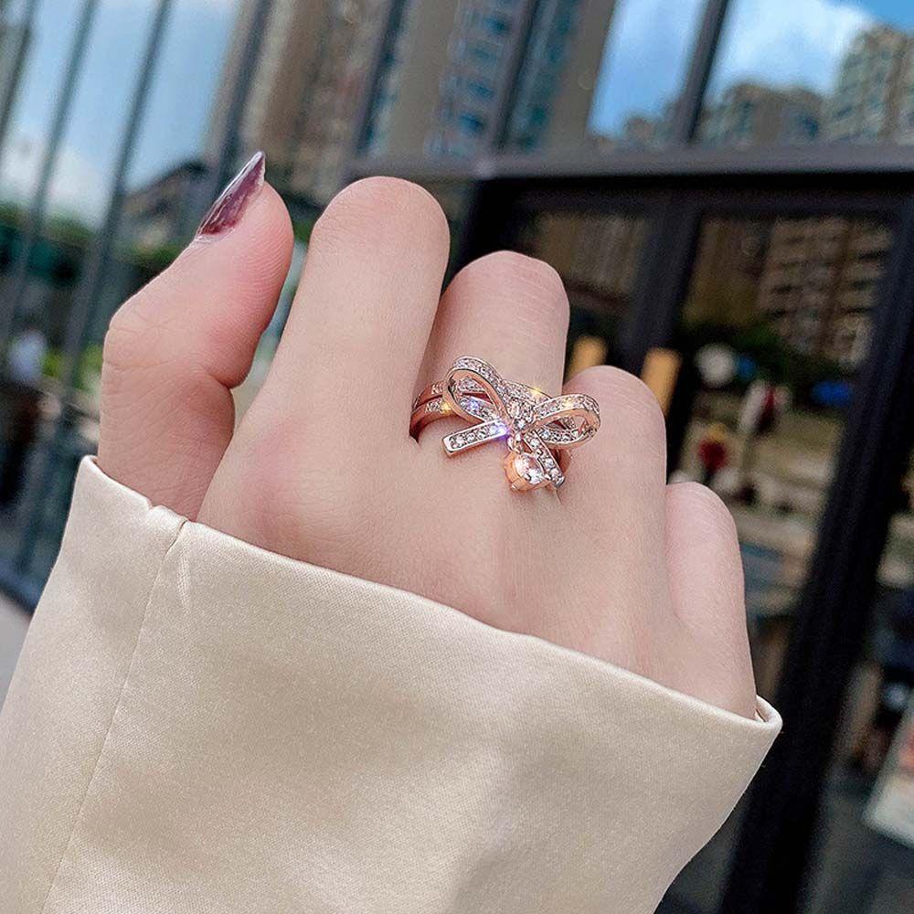 Mxbeauty Cincin Terbuka Hadiah Hari Valentine Retro Double Layer Klasik Busur Zirkon Knuckle Ring