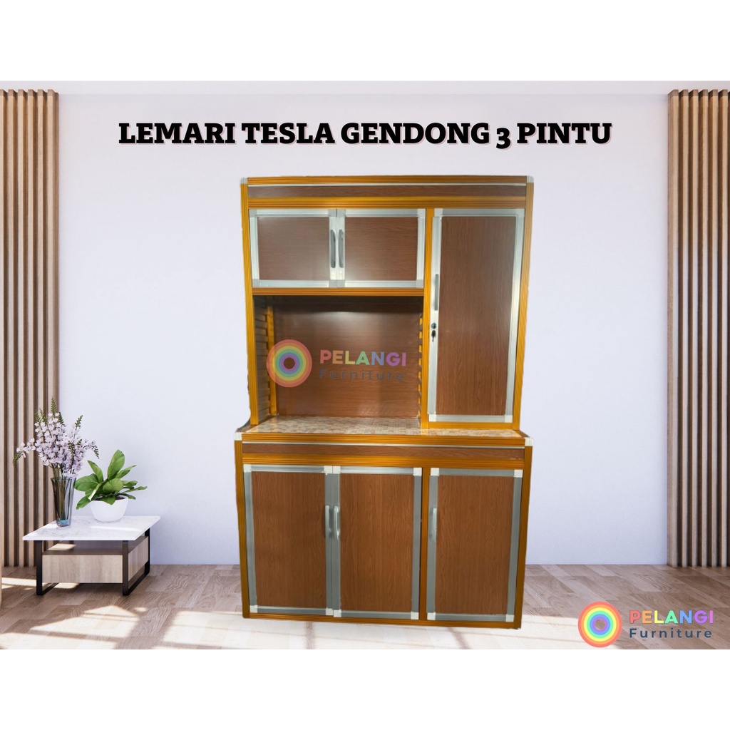 LEMARI / RAK PIRING ALUMINIUM GENDONG MERK TESLA + KUNCI & RODA (3 PINTU)
