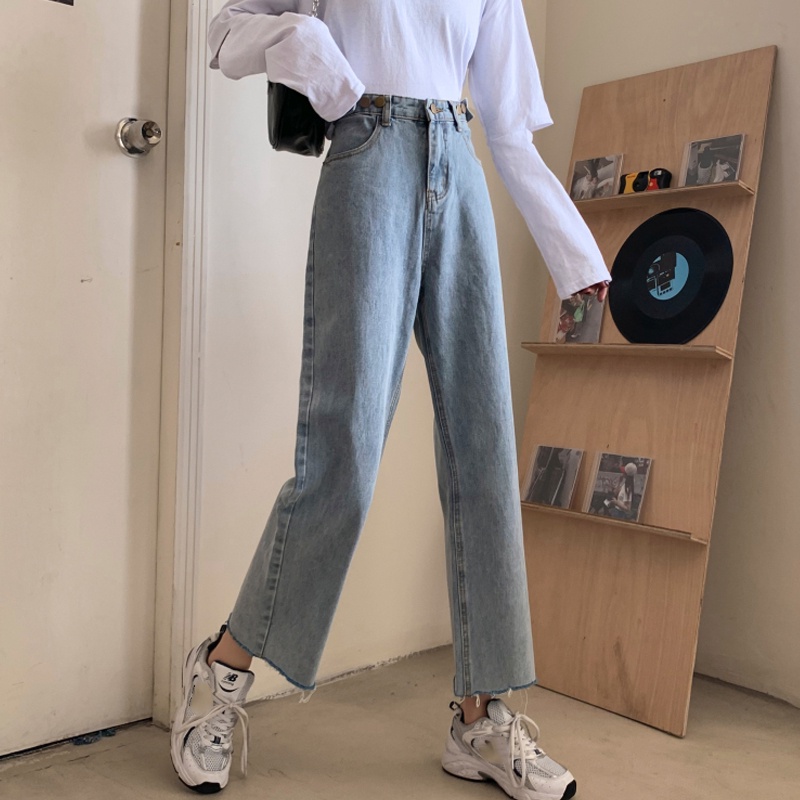 korean style new biru muda straight boyfriend celana jeans longgar wanita