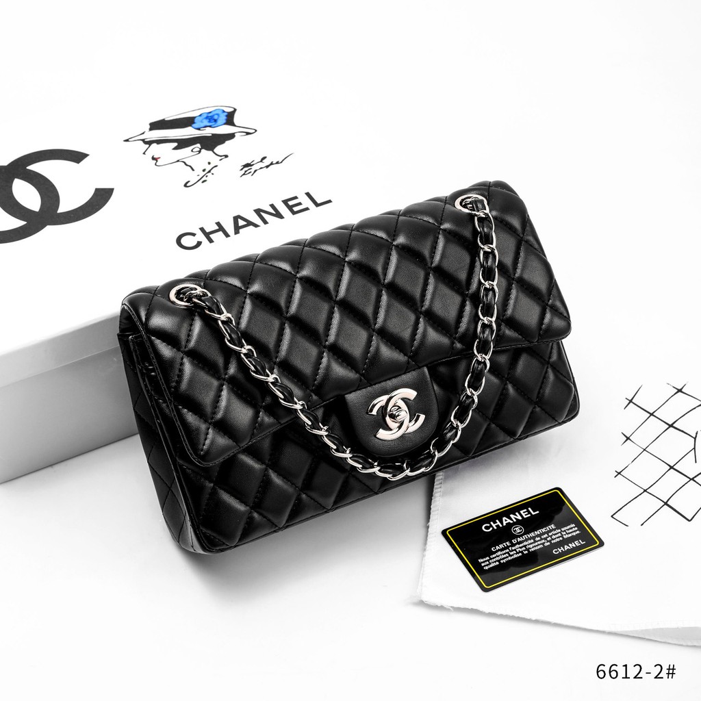 TAS WANITA-TAS IMPORT-Chanel Classic #6612-2 Lamb Skin Silver So Black