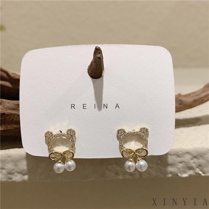 【COD】ANTING KOREA PEREMPUAN DEWASA MOTIF KEPALA BERUANG SIMPUL PITA MUTIARA AKSESORIS HIASAN TELINGA IMPORT