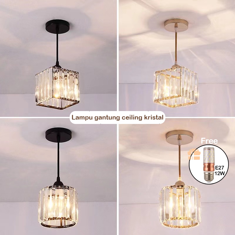 ☑️Garansi&amp;3Warna☑️Lampu gantung tunggal kaca 7288 Kristal Minimalis 2 Model (Kotak &amp; Bulat) Ceiling Lampu Termasuk bohlam E27