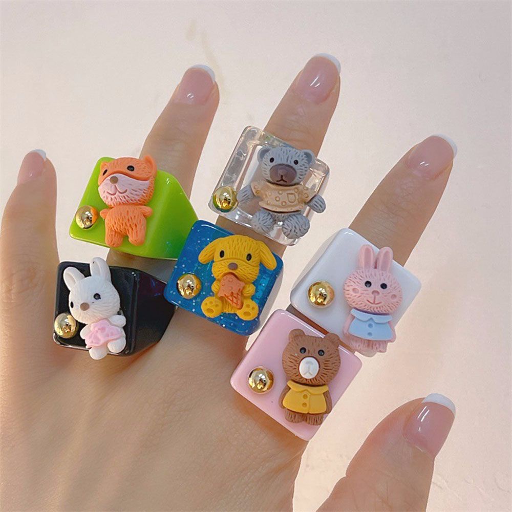 Needway  Women Girls Finger Ring 2021 New Style Fashion Accessories Resin Rings Bear Rabbit Bunny Dog Cute Lovely Acrylic Resin Sweet Korean Cartoon Animal Party Jewelry