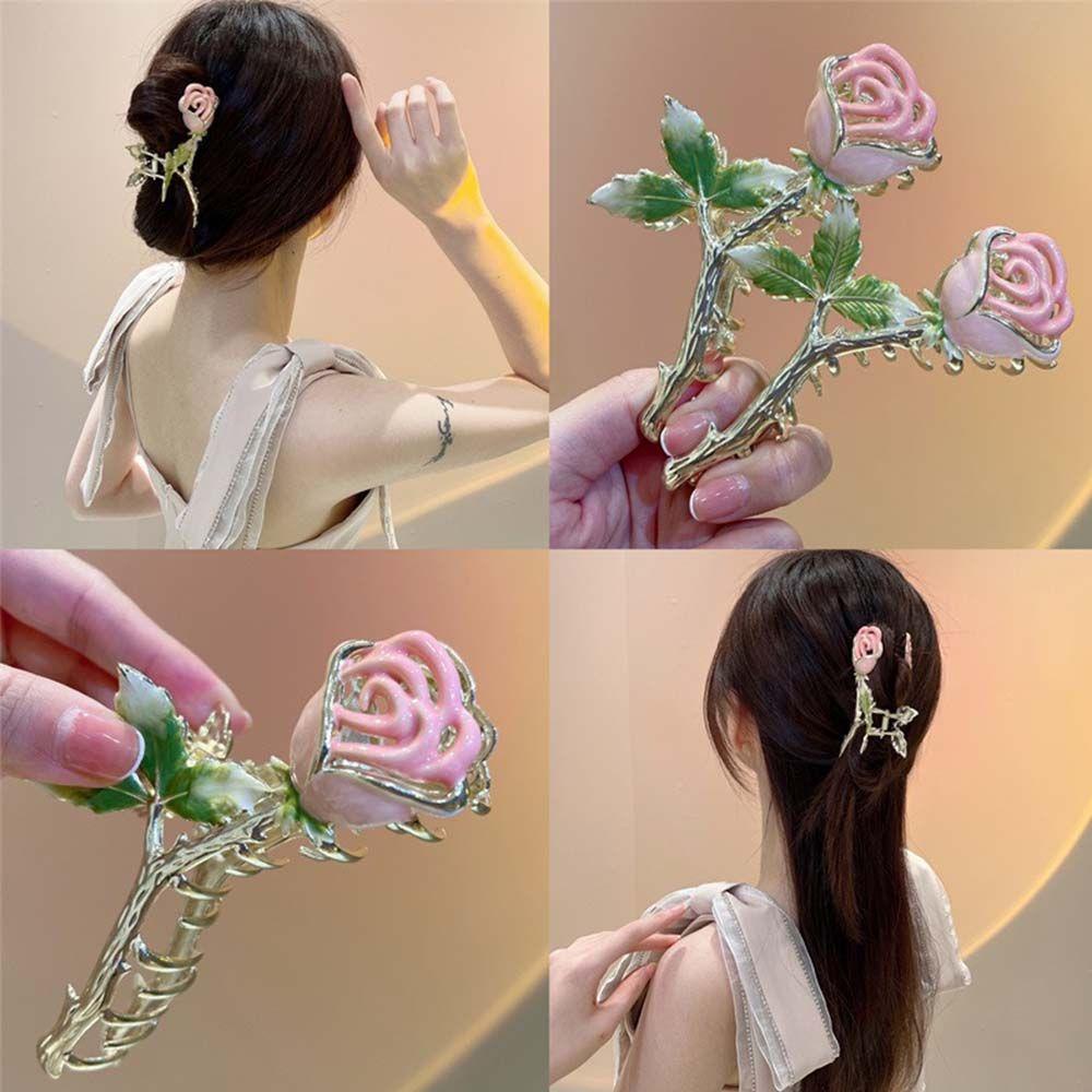 Needway   Female Hair Claw French Luxury Pink Daun Headdres Peri Mawar Hiu Klip