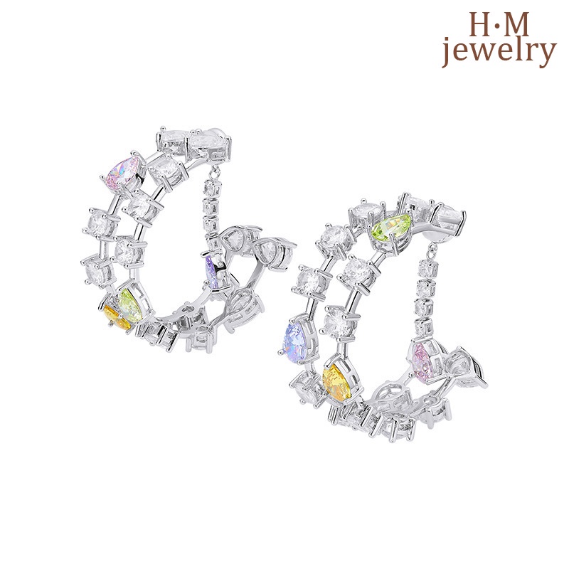 Anting Tusuk Gantung Panjang Asimetris Desain Lingkaran Ganda Hias Zircon AAA Untuk Wanita