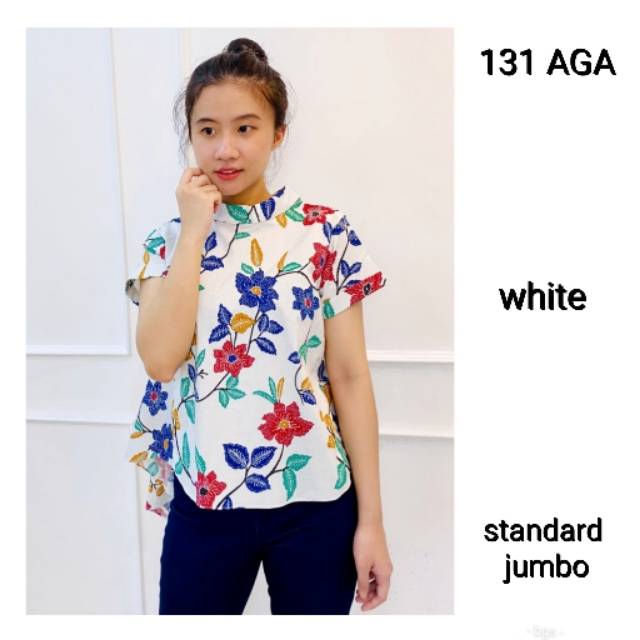 Blouse 131 Aga# Atasan Batik Wanita Tail Motif Bunga Warna Putih Bahan Katun Stretch