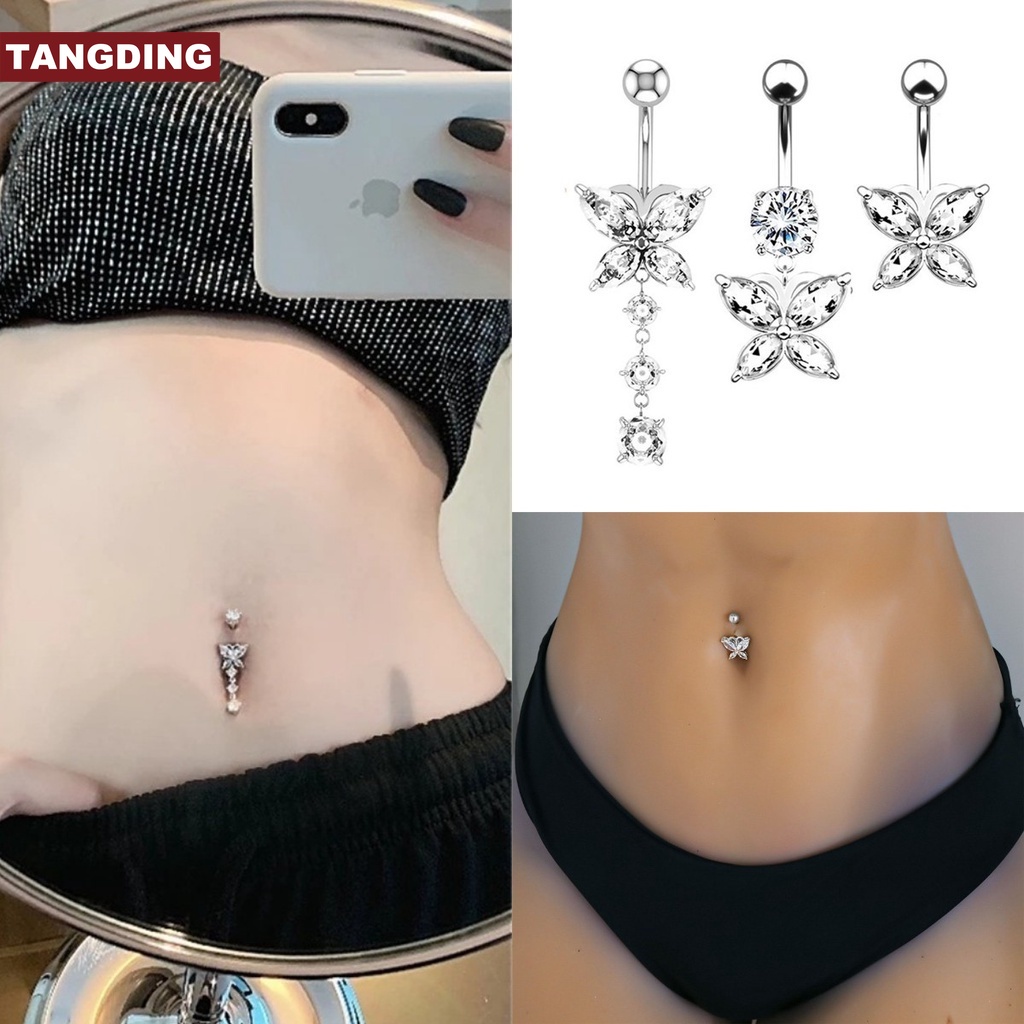 【COD Tangding】Navel Ring Creative Butterfly Zircon Navel Buckle Navel Ring Piercing Jewelry