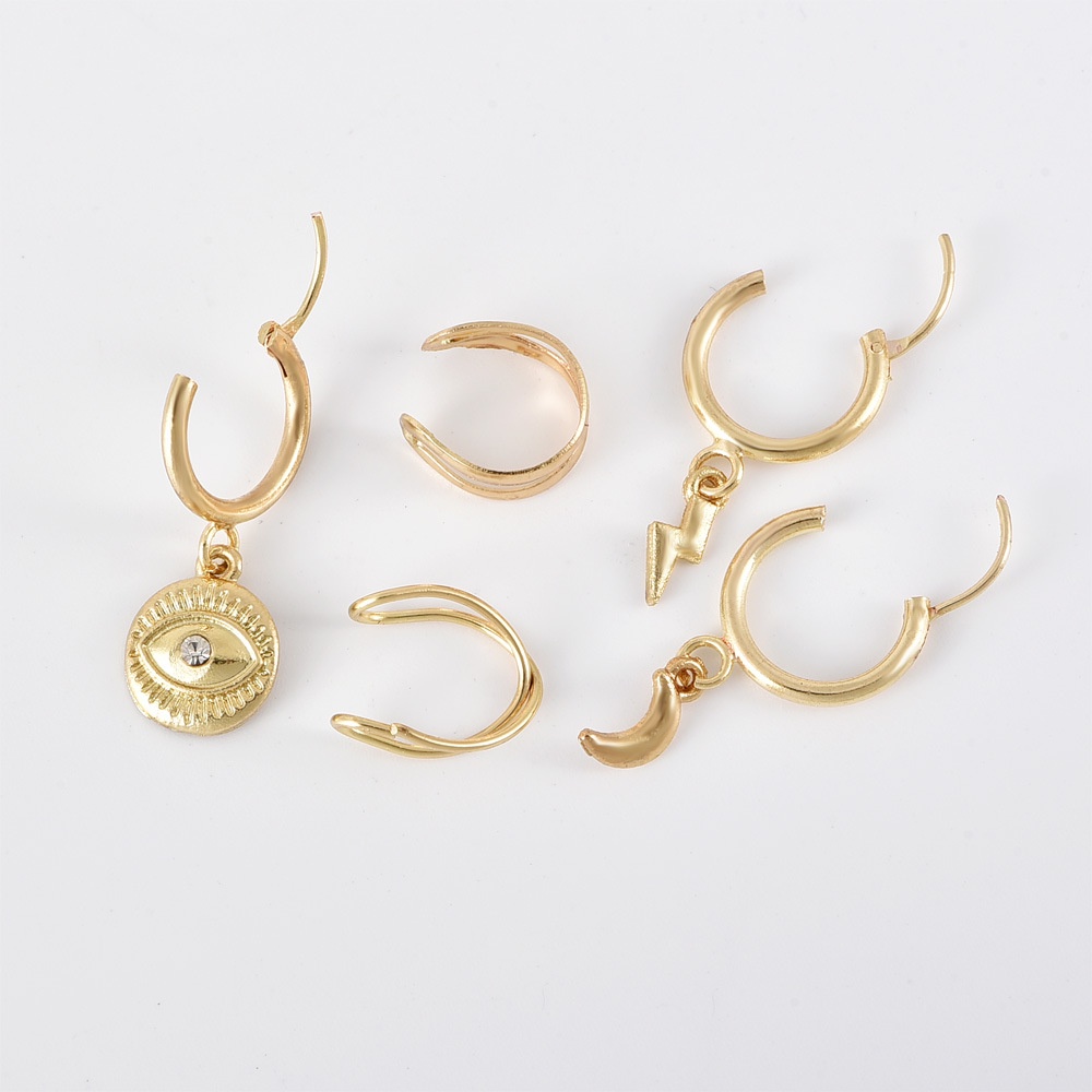 5pcs / Set Anting Klip Desain Geometri Bulan Mata Petir Warna Emas Untuk Wanita