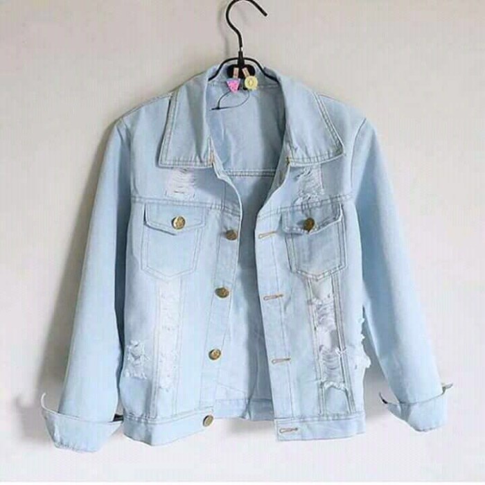 Jaket Wanita Jaket Levis Robek Ripped allsize XXL Jaket Jeans Denim Jaket WANITA - L, Biru Muda(K8A0