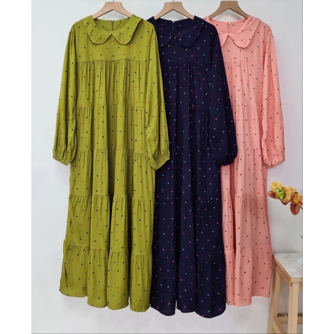 G667 Polkadot Long Tunik Midi Dress Jumbo | Gamis Mini Dress Salur | Atasan Wanita Susun Polos Rayon Premium | Maxy Dress Qiqi Busui Friendly | Korean Babydoll Dress | Maimon Grosir