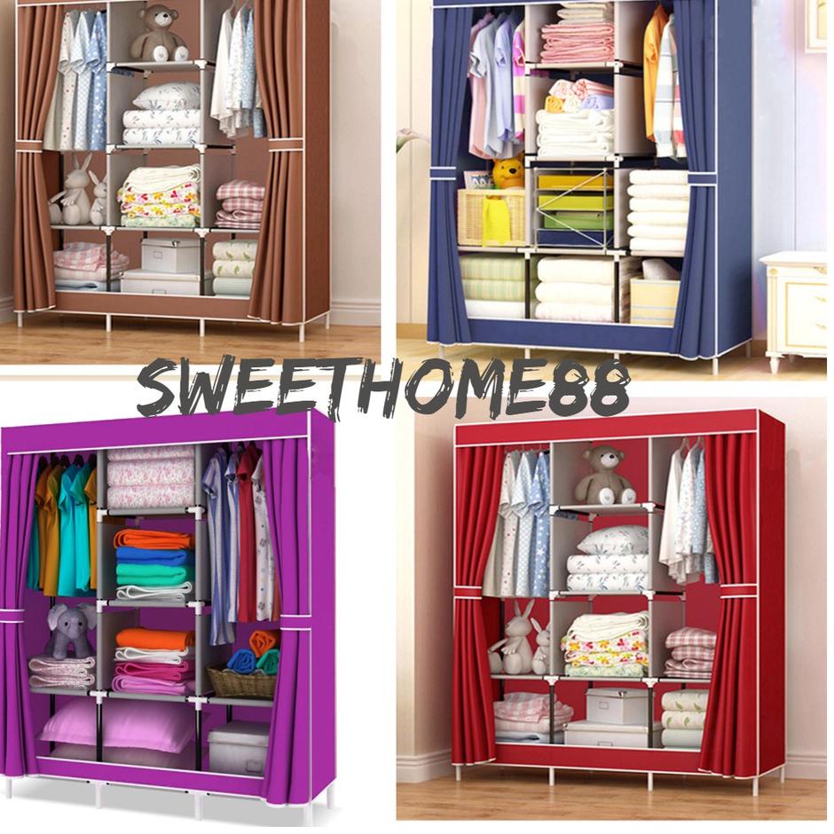 Sedang Laris Lemari Pakaian Kain Portable Jumbo 88130 Lemari 3 Sekat Lemari Baju