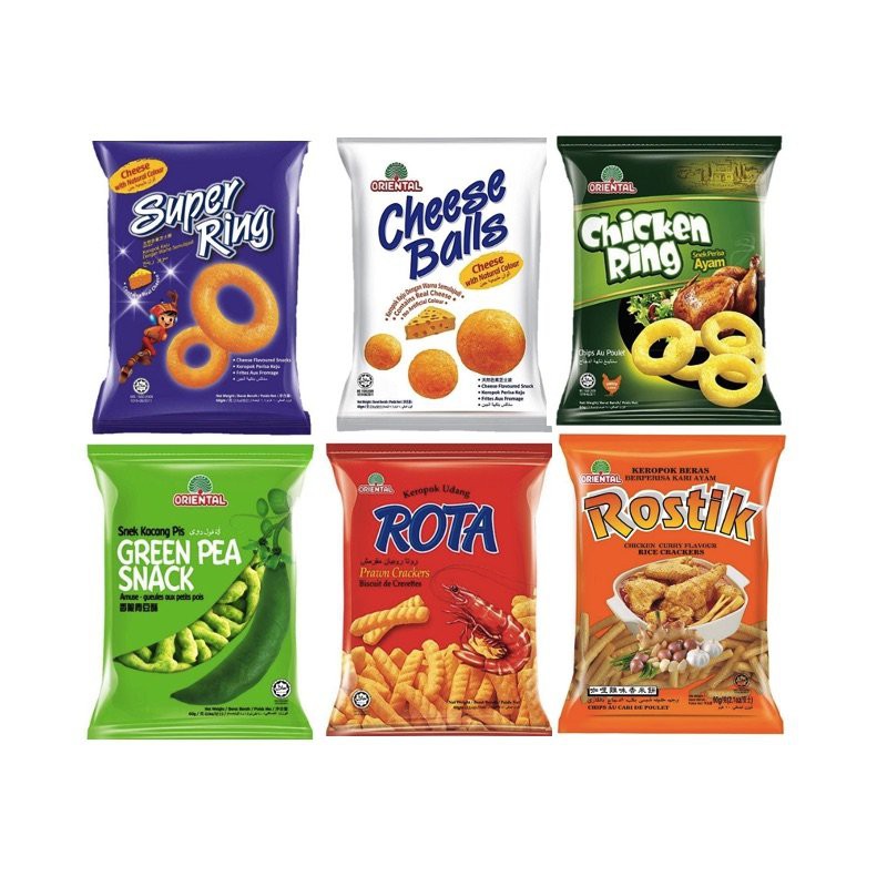 

ORIENTAL SNACK Super Ring Cheese Ball Green Pea Rota Shrimp Prawn Rostik Oriental Malaysia 60gr