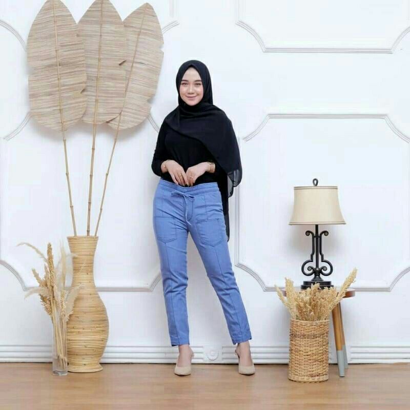 Jeans kulot wanita masa kini - all size - pinggang karet - tali depan - bahan  grey-kantong depan