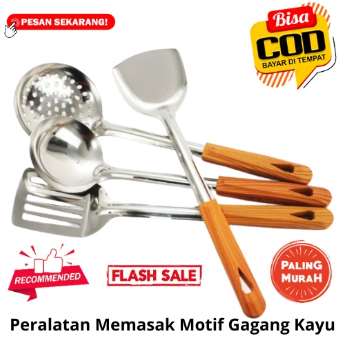 [BISA COD] PROMO Peralatan Memasak Motif Gagang Kayu Cantik Stainless Tebal Irus Sodet Skimmer Centong Alat Masak Kayu Anti Panas Murah Berkualitas