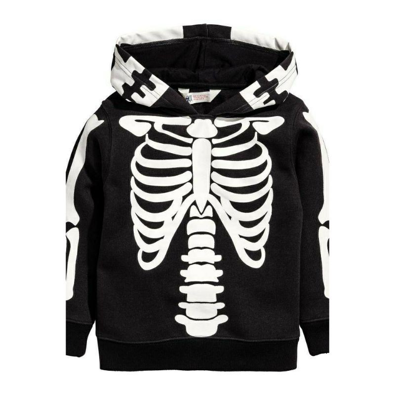 H&M HOODIE SWEATER MOTIF SKELETON TENGKORAK HITAM PUTIH ORI MURAH BRANDED SISA EKSPOR LENGAN PANJANG