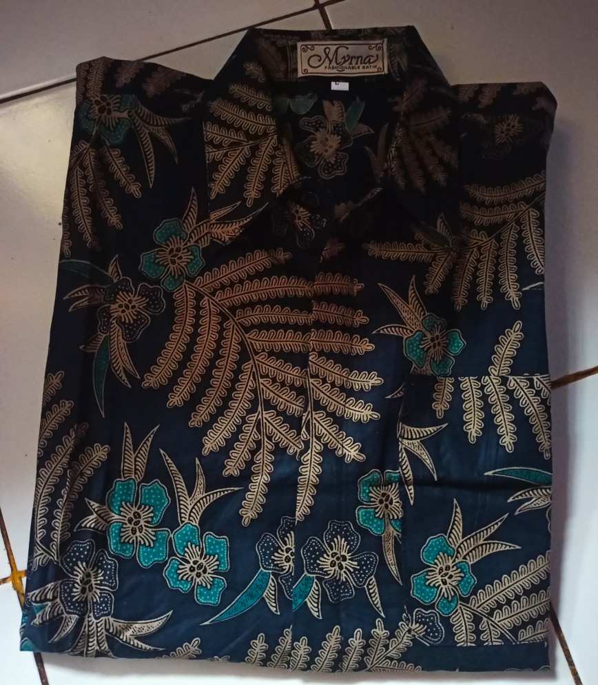 Batik Myrna - Kemeja Batik Lengan Pendek Baju Atasan Pria Motif Daun Pete Dongker