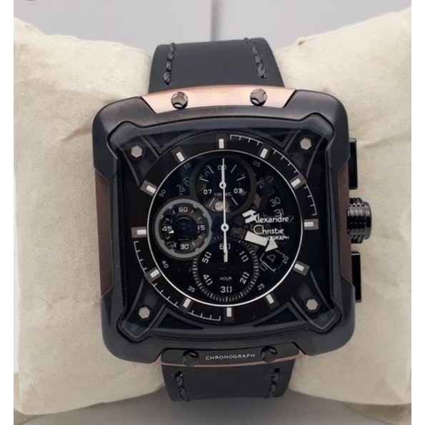 Jam Tangan Cowok Alexandre Christie AC 3039 Chronograph Full Black Leather Black Original