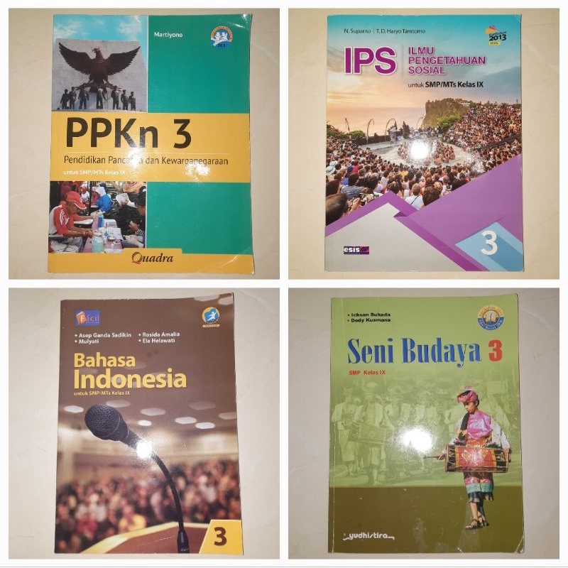 Buku Bekas SMP Kelas 9 IX - PPKn 3 Quadra, IPS Ilmu Pengetahuan Sosial 3 ESIS, Bahasa Indonesia 3 Fa