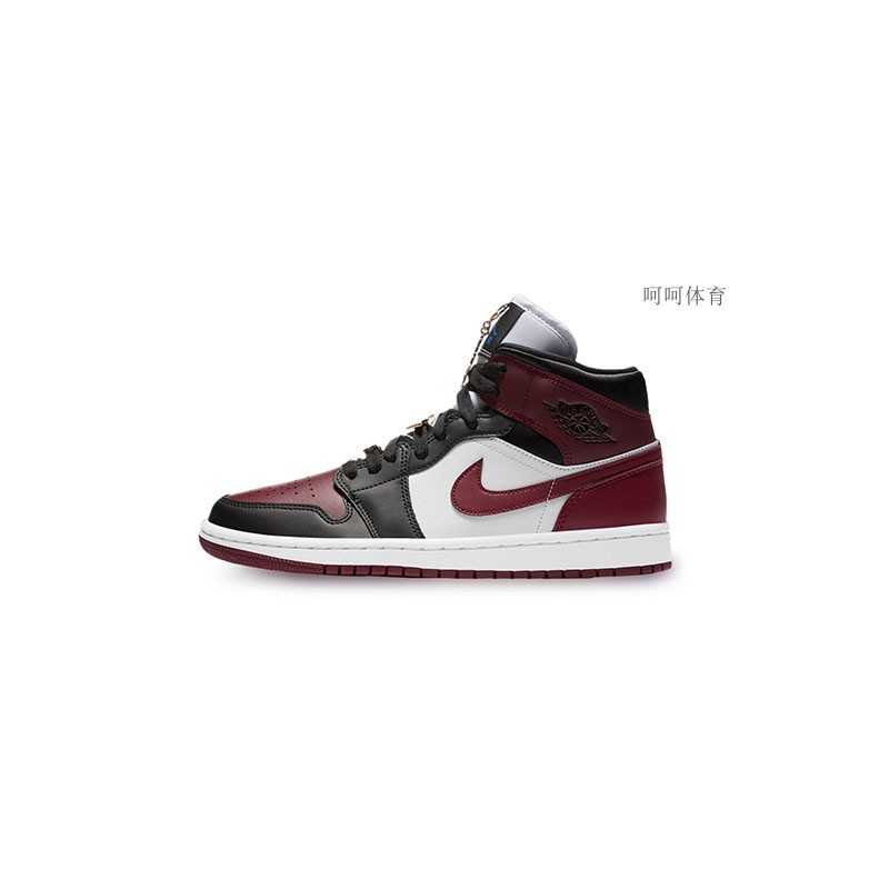 ♠┇♀Air Jordan1 Mid AJ1 Black Red Wine Toe Metal Buckle Flying Wing Basketball Shoes CZ4385-016