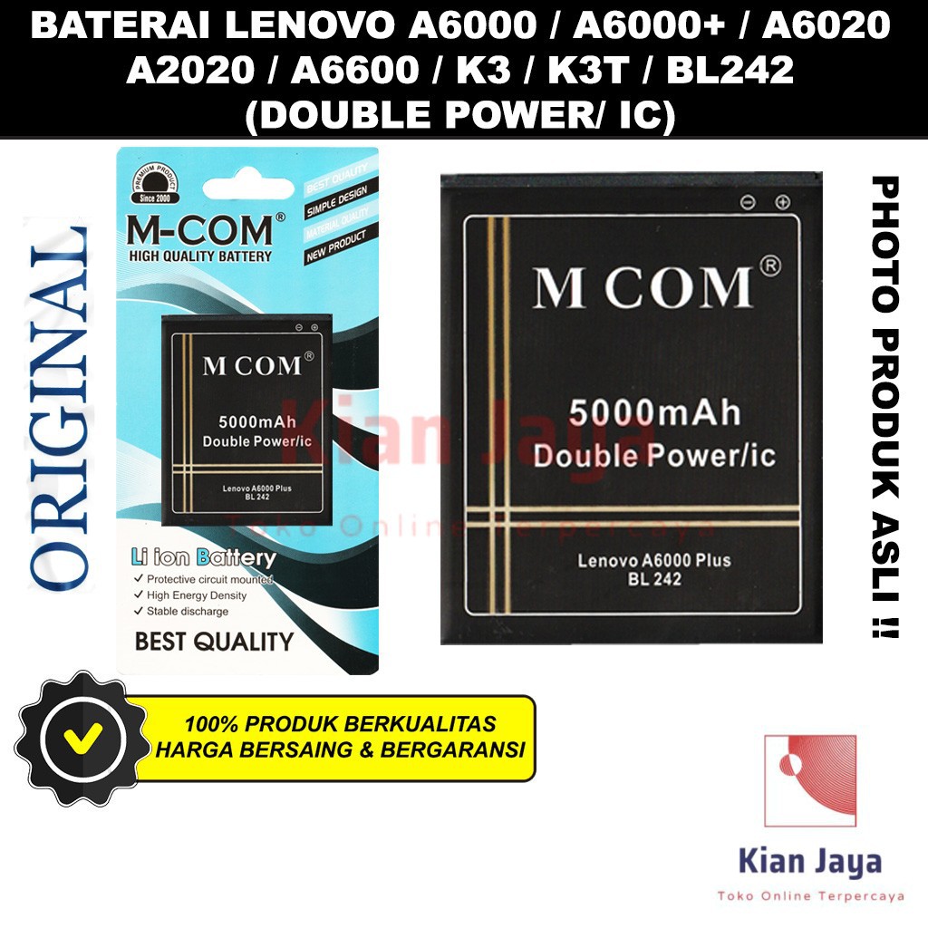 MCOM Baterai Hp Lenovo A6000 A6000+ A6020 A2020 A6600 Plus BL242 Original Batre Batrai Battery Ori