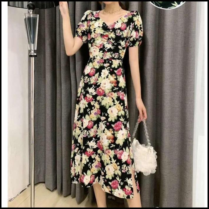 Midi Dress Floral Vintage Casual Elegant Korean Style Import Tnf