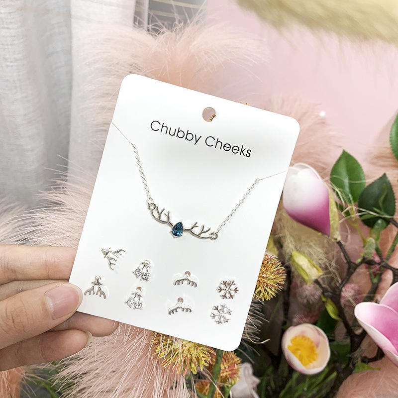 9 Pcs Fashion Deer Earrings Necklace Set  Kalung+ Anting Women Crystal Silver Ear Stud Pendant Jewelry Sets Birthday Gift