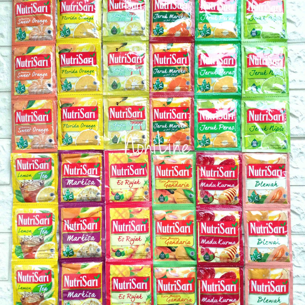 Nutri Sari NutriSari Sachet Minuman Serbuk Instan Rasa Jeruk Orange Kuwud Nipis Madu Kurma Blewah Markisa Lemon Mangga Gandaria Es rujak Kelapa Guava Anggur Cocopandan