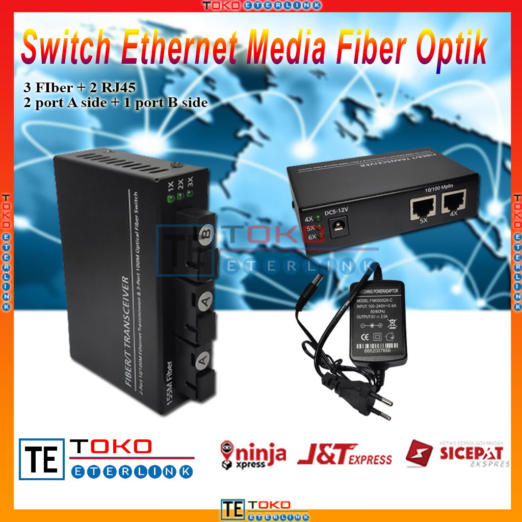Switch Ethernet Media Fiber Optik Mode Tunggal 2 Rj45 Dan 3 Sc Port 10 100m Asli Import-DENGAN ADAPTOR