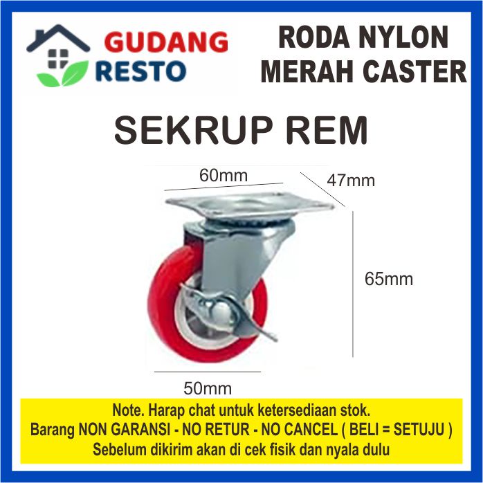 Roda Castor MERAH HIDUP / MATI  REM / TANPA REM PLATE / PLAT / Sekrup / Caster / Kastor / KASTER / Trolley 2 inch / 5 CM