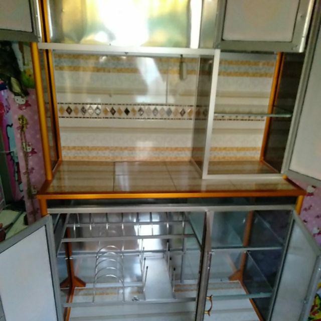 Rak Piring 3 Pintu Gendong Kaca Lukis Full Colour + Roda jumbo Tiang Besar (promo Harga)