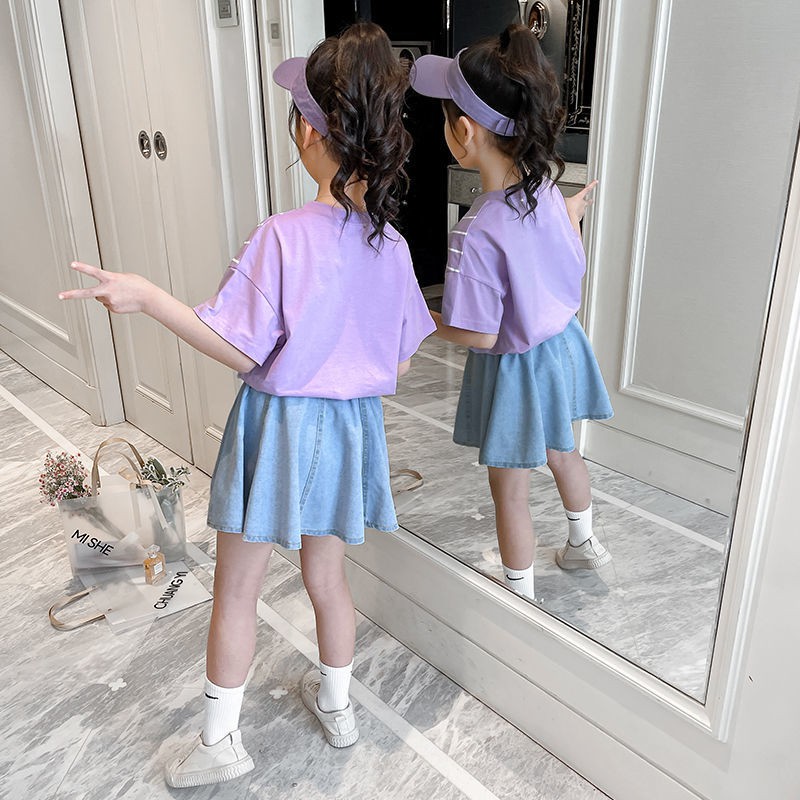 KF CAT Setelan Anak Perempuan Kaos Lengan Pendek +Rok Jeans Motif Pita 2IN1 Cotton Import Korea Style-5