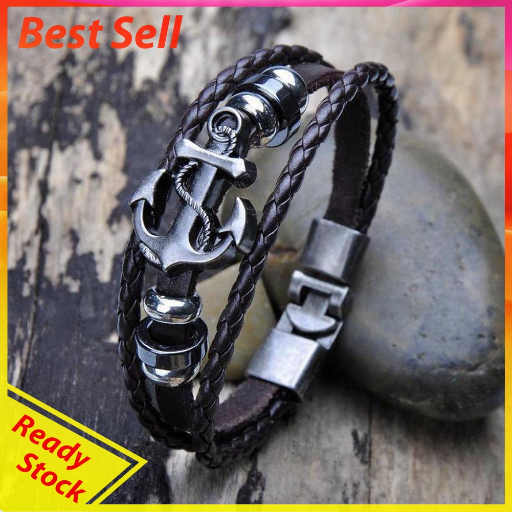 Vintage Men's Metal Anchor Steel Studded Surfer Leather Bangle Cuff Bracele