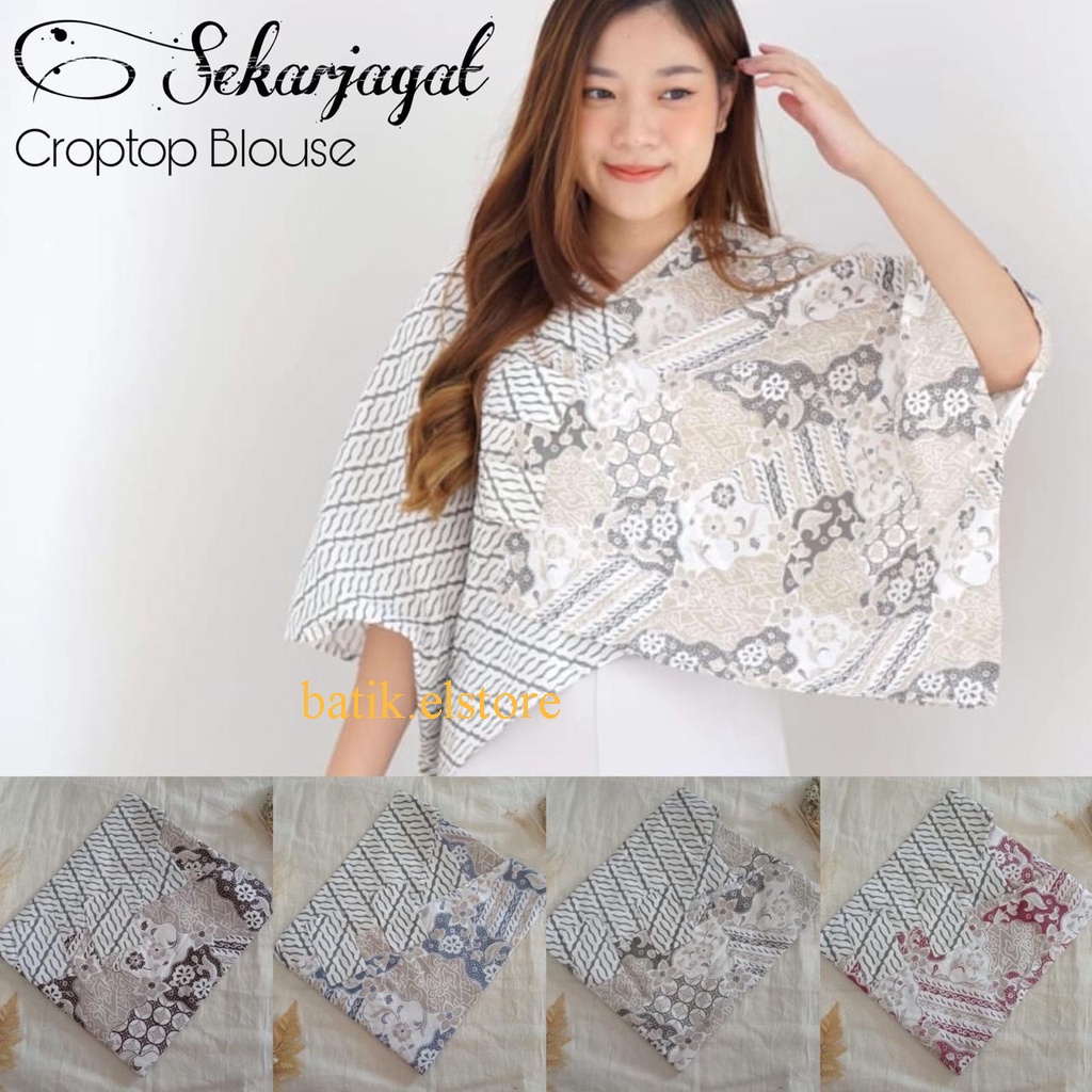 Blouse Batik Motif Sekarjagat Croptop Blus Warna Putih Pastel Blus Wanita Lengan 3/4 Atasan Etnik Ba