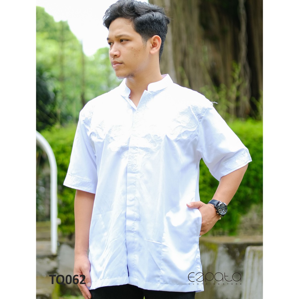 Ezpata Baju muslim Koko taqwa Pria Dewasa Premium Lengan Pendek Putih Polos Bordir Bahan Katun