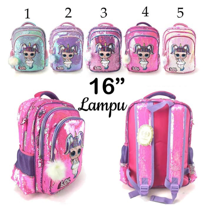Tas Ransel Anak SD Sequin Usap Berubah Warna LOL TANDUK - Ukuran Besar - MATA ADA LAMPU LED