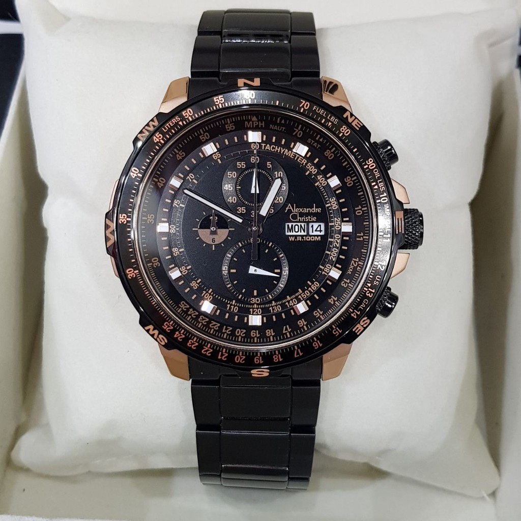 Jam Tangan Pria Alexandre Christie Ac 6476 ROSEGOLD BLACK Steel ORIGINAL