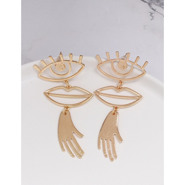 LRC Anting Tusuk Fashion Gold Alloy Eye Mouth Ear Stud F40239