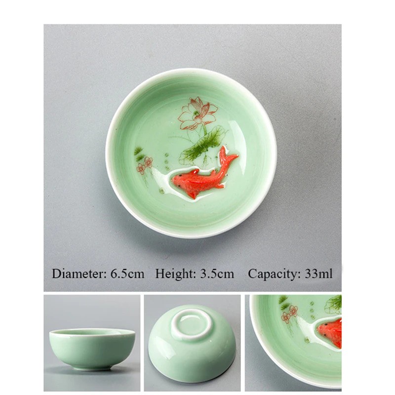 Cangkir Teh Keramik Chinese Celadon Fish Ceramic Teacup 33ml - D042 - Green