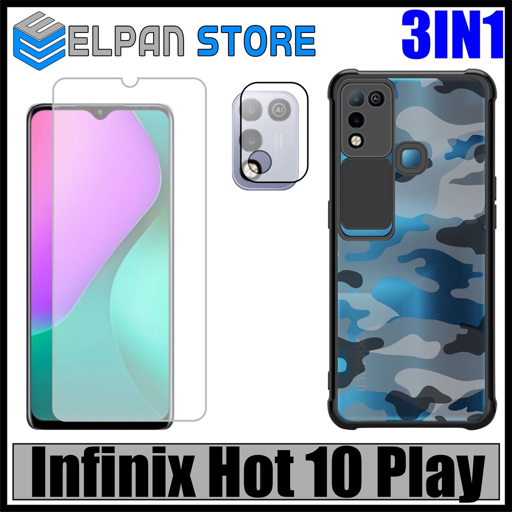 Case Infinix Hot 11 Play / Hot 10 Play Paket 3in1 Softcase Slide Army Free Tempered Glass Layar Dan 