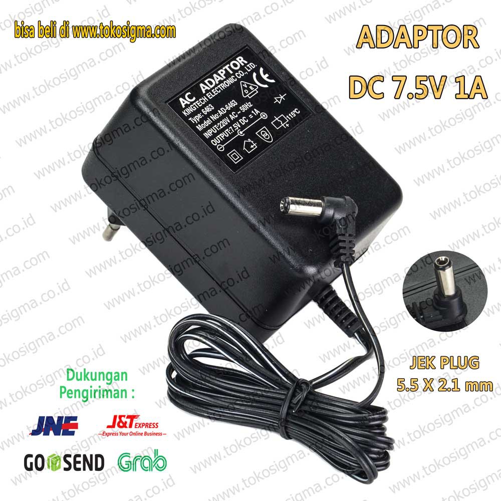 ADAPTOR POWER AC to DC 7.5V 1A jek 5.5 x 2.1mm - 7.5 Volt DC 1000 mA