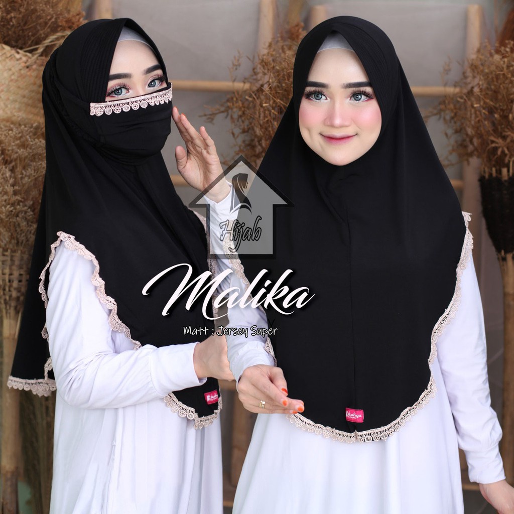 GROSIR Jilbab Instan Terbaru Hijab Masker Jersey Premium  Kerudung Masker Renda Malika RUMAH HIJA'B-Hitam