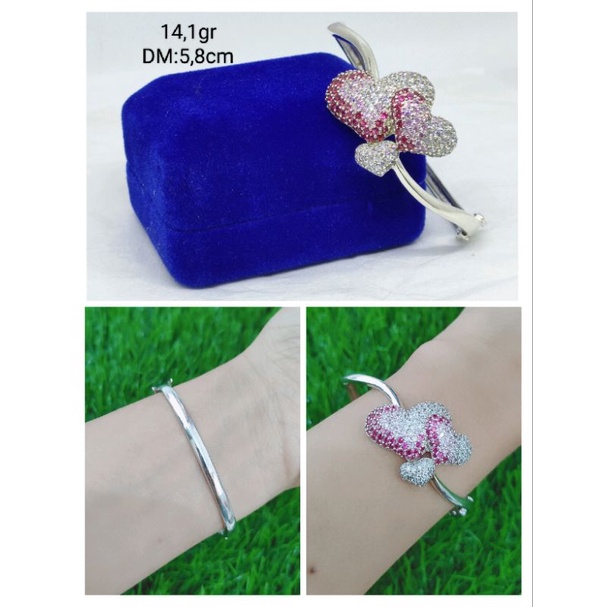 GELANG PERAK 925 ASLI SILVER LAPIS EMAS/GELANG TANGAN BANGLE LOVE MATA PUTIH KOMBI MATA PINK/ASLI SI
