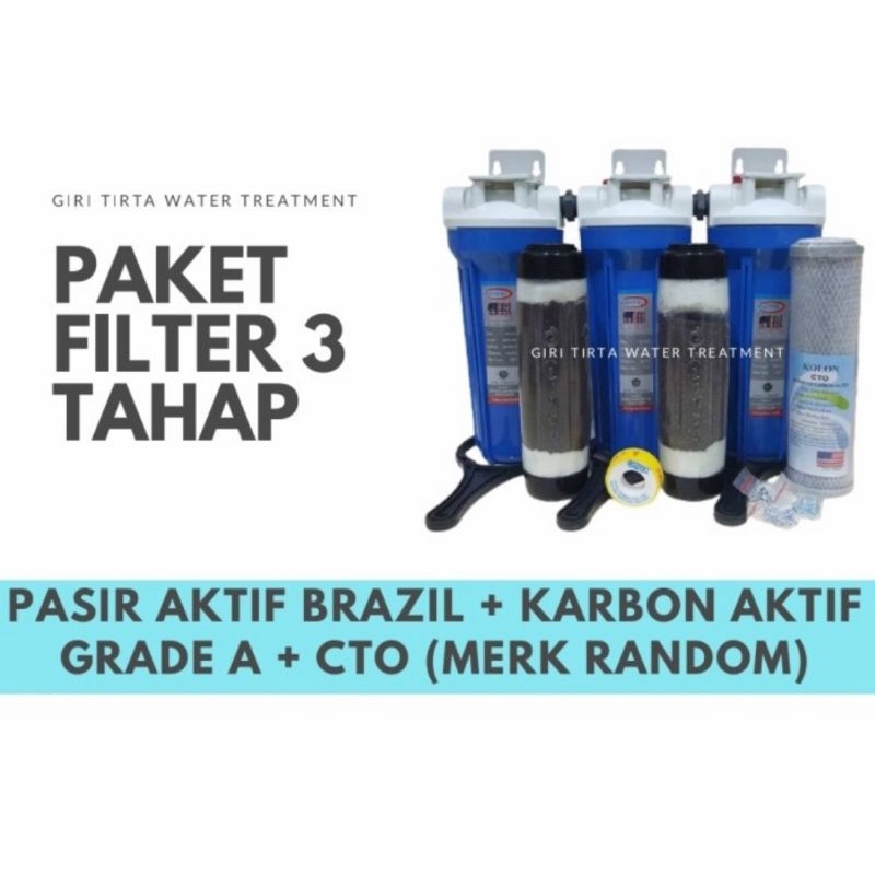 Paket Penjernih Filter Air Sumur/Air PDAM komplit Set - 3 tahap (catridge Mgs Import, Catridge Karbon, CTO, Housing, Fitting)