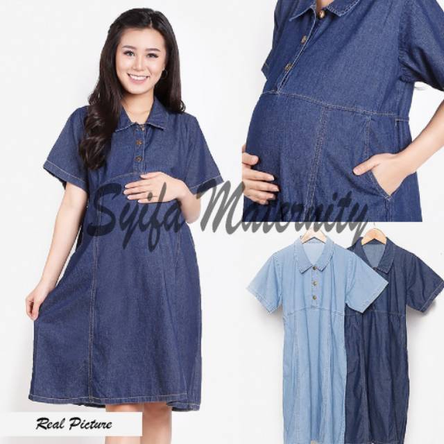 AT118 Dress hamil menyusui jeans Jumbo