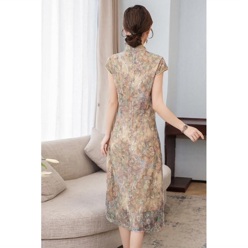 Summer new fashion printing waist closing mother's middle and long cheongsam modified dress